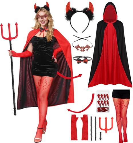 Meriviva Devil Costume Women, 22 In 1 Pack Adult Women's Halloween Costume Set with Red Devil Accessories womens Devils Cape Outfit for Fancy Dress Halloween Carnival