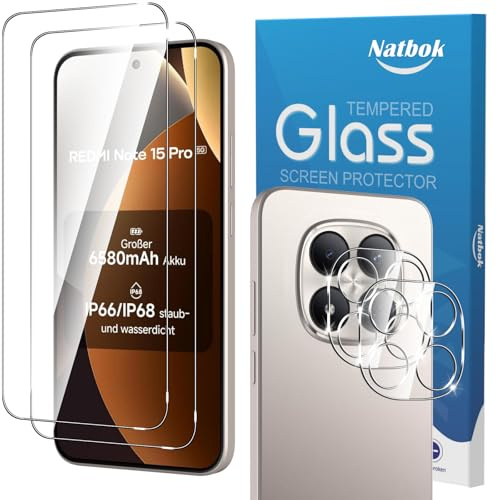 Natbok Protector de Pantalla para Xiaomi Redmi Note 15 Pro 5G, 2+2 Piezas Cristal Templado con Protección de Cámara Antihuellas Sin Burbujas Vidrio Templado para Redmi Note 15 Pro 5G