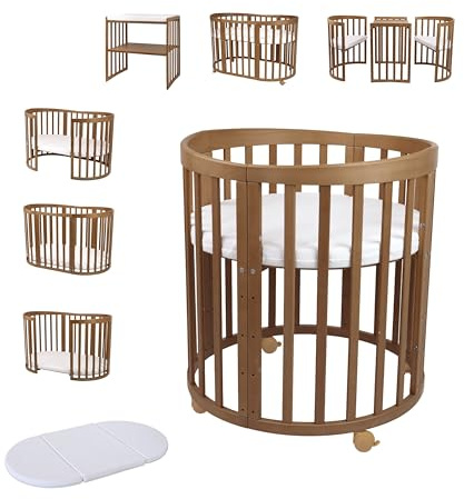 waldin Babybett Oval 7in1, Matratze, Rollen, Regal, Vintage | Ohne Stoffset, Mitwachsend, Beistellbett aus Holz, Wiege optional