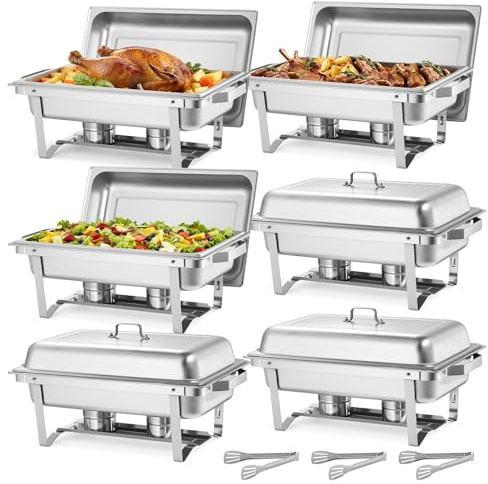 VEVOR Chauffe-Plat Rectangulaire 6PCs 8,6 L, Buffet Chauffant à Combustible en INOX, avec Couvercle, Poignée Creuse, 3 Pinces à Aliments et Porte-Combustible, Réchaud pour Banquet Fête Mariage