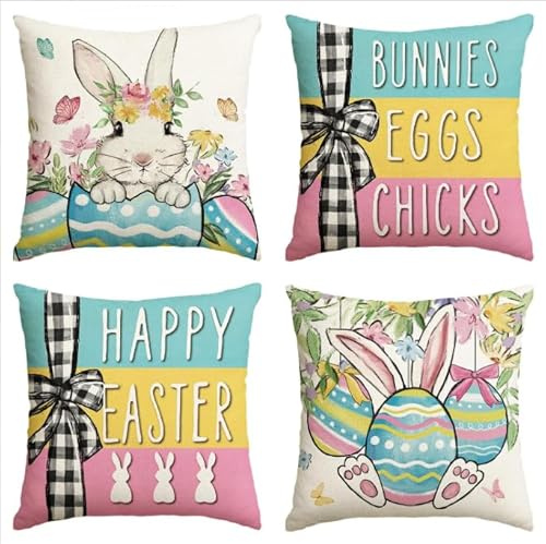 Scinzene Ostern Deko, Ostern 4kissenbezug 40x40 – Kissen Ostern Mit Hase Und Ostereier Design, Frühlingsstil Für Sofa Couch Wohnzimmer Schlafzimmer, Osterkissen Ohne Kissenfüllung