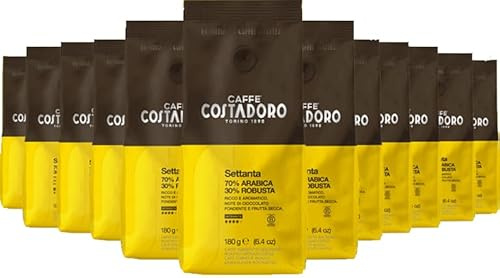 Costadoro Settanta, Caffè Macinato per Moka, Miscela 70% Arabica 30% Robusta Pregiata, in 12 Sacchetti da 180gr Cad, Gusto Deciso e Corposo, Qualità Superiore Made in Italy