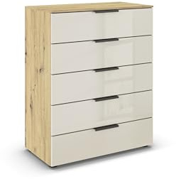 Rauch Möbel Flipp, Kommode, Farbe Glas Beige/Eiche Artisan, Breite 80 cm | Sideboard, 5 Schubladen, Soft-Close-Funktion, für Schlafzimmer, Gästezimmer, Wohnzimmer, Garderobe, Flur