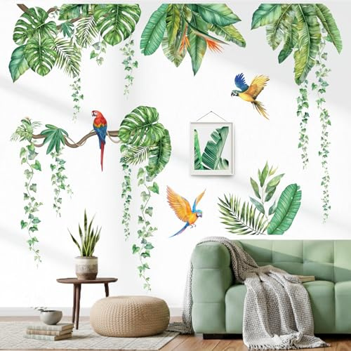 Peelora Tropical Leaves Jungle Wall Stickers Hanging Vines Palm Leaf Plants Wall Decals Living Room Bedroom Tv Background Reusable Self-Adhesive Home Decor Stickers