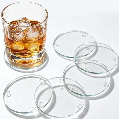 Vurixfo 6 Pack Crystal Glass Coasters 9cm Clear for Mugs Cups | 9cm Diameter, 4mm Thick, Non-slip, Protects Tabletops, for Mugs, Cups, Glasses, Ktchen, Dining, Office, Party, Home Decor