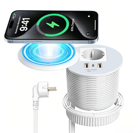 Enchufe empotrable redondo de 80 mm con USB-C PD 20 W y 15 W de carga inalámbrica, enchufe de mesa retráctil con tapa y USB-A/C, color blanco, enchufe empotrable para escritorio y muebles, cable de