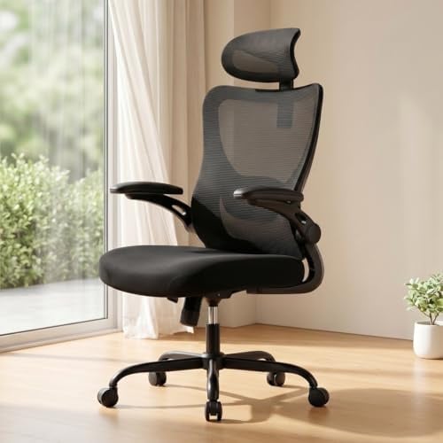 Marsail Silla Oficina Ergonómica, Silla Escritorio Ergonómica con Reposacabezas 2D, Soporte Lumbar 2D, Reposabrazos Plegables 3D, Asiento 8 cm, Altura Regulable, Función Basculante, hasta 136 kg