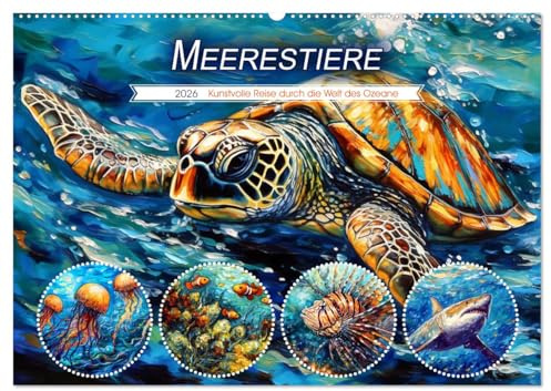 Meerestiere - Kunstvolle Reise durch die Welt der Ozeane (Wandkalender 2026 DIN A2 quer), CALVENDO Monatskalender: Tiefsee-Abenteuer mit Schildkröten, Haien, Quallen und Kraken (CALVENDO Natur)