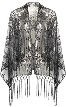 Coucoland 1920s Stola Damen Schmetterling Muster Retro Schal Umschlagtücher für Abendkleid Vintage Hochzeit Damen Schulter Bedeckung 20er Jahre Stil Gatsby Kostüm Accessoires (Silber Schwarz)