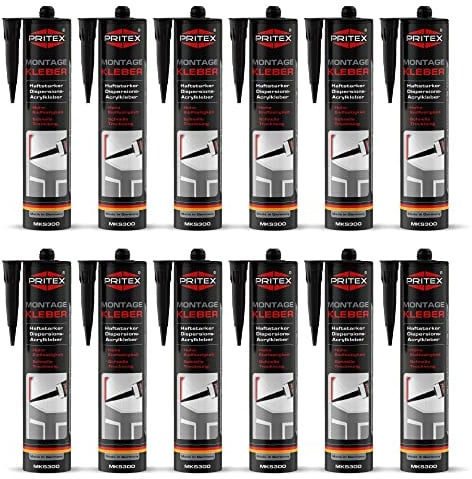PRITEX – Profi Montagekleber Weiß 12x 300 ml – Baukleber für Holz-Paneele, Kabelkanäle, Sockelleisten, Styropor, Fliesen, Beton uvm. – haftstarker Universalkleber auf Acrylatdispersion-Basis für innen