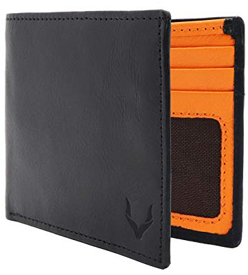 PELLE TORO Handmade Super Slim Men's Wallet, Handmade with Napa Leather, RFID Blocking Wallet, 9 Card Slots & ID Window (Charcoal Black & Orange)