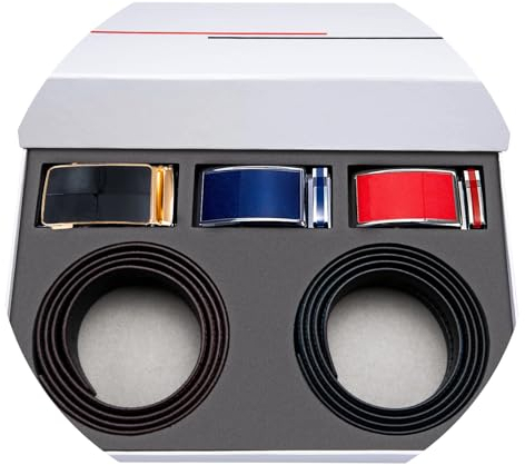 Barry.Wang Herren Ledergürtel Schwarzer Ratschengürtel mit 3 automatischen Schnallen Verstellbarer Gurt Business Geschenkbox (Z Gürtel 6)