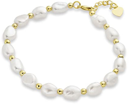 Bracciale Semplice da Sposa con Vere Perle Barocche d'Acqua Dolce Coltivate Bianche per Donne e Adolescenti, Placcato in Oro 18K con Distanziatori, Polso Piccolo 6,5 Pollici, Estensione Regolabile di
