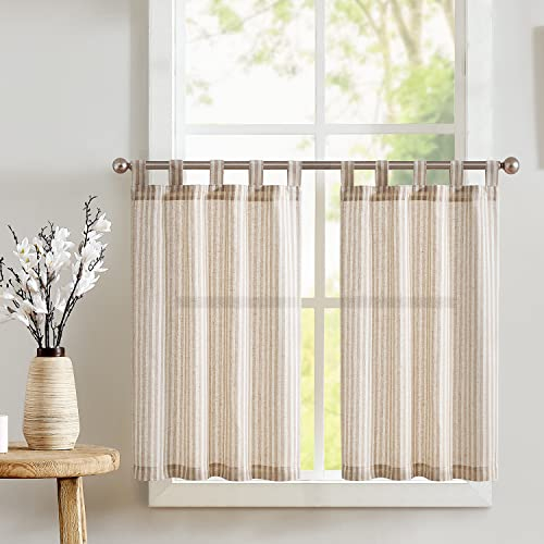 TOPICK 2er Set H 60 x B 65 (cm) Gestreifte Scheibengardinen Schulaufen Leinen Gardinen mit Streifen Küchenvorhang Blickdicht Kurz Küchengardinen für Küchen Esszimmer Badezimmer Braun auf Beige