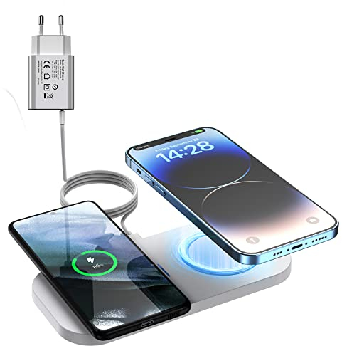 JoyGeek Caricatore wireless 2 in 1, 15 W, max induttivo per i Phone 16/15/14/13/12/11/XR/X/8, pad di ricarica veloce senza fili con adattatore per Samsung Galaxy S24/S23/S22/Note