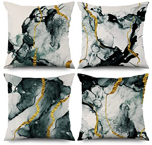 ASDCXZ 4er Set Marmor Kissenbezug 40x40 cm, Modern Kunst Blau Weiß Gold Tuschemalerei Textur Sofa Dekokissen Kissenbezüge Kissenhülle Waschbar Polyester Flachs Textil Polster Kopfkissenbezug