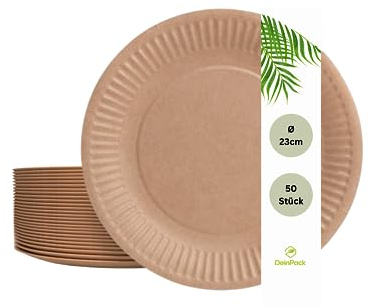 DeinPack Einwegteller 23 cm Ø 50 Stück I Pappteller braun rund I recycelbares Partygeschirr | Teller für Geburtstag & Partys | umweltfreundliche Teller biologisch abbaubar