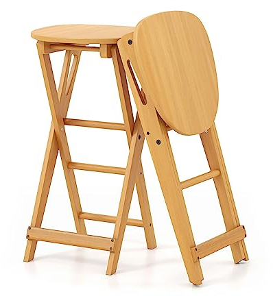 COSTWAY 2er Set Barhocker Klappbar, Barstuhl Bambus mit Fußstütze, Küchenstuhl Sitzhöhe 61 cm, Tresenhocker Bistrohocker für Küche Haus Garten Bar, Natur, 36 x 33 x 61 cm (ohne Lehne)