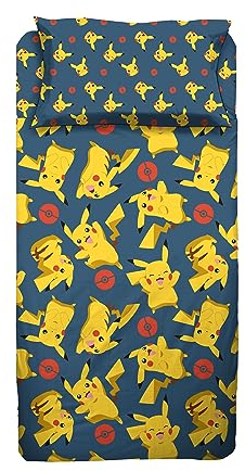 Pokemon Bettwäsche-Set für Einzelbett, Bettlaken, Spannbettlaken, Kissenbezug, 100% Baumwolle, offizielles Produkt