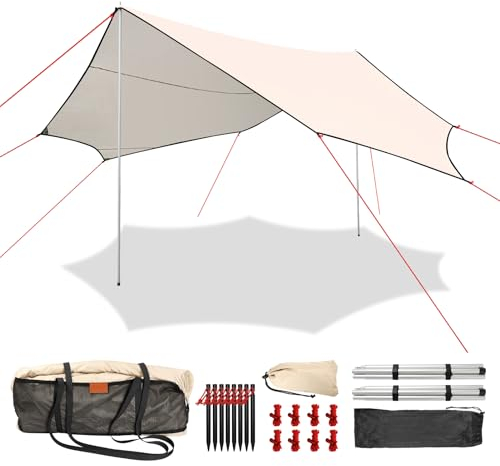Wasserdicht Outdoor-Zelt Sonnenschutz Überdachung, Camping Picknick Überdachung, Ultraleicht Zeltplane Mit Stützstangen, Ösen, Aluminiumstiften, Nylonseil, UV und Regenbeständig (5.1M*5.1M)