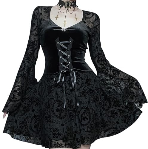 Maeau - Women's Gothic Punk Mini Dresses Black Gothic Lolita Lace Dress A Line Swing Dress Punk Cocktail Dress Party Evening Dress Patchwork Elegant