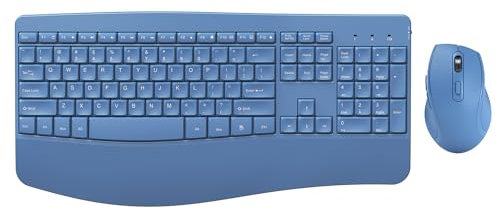 PEIOUS Clavier et souris sans fil – Clavier et souris ergonomiques sans fil pleine taille avec repose-poignet pour ordinateurs Windows et ordinateurs portables – Bleu
