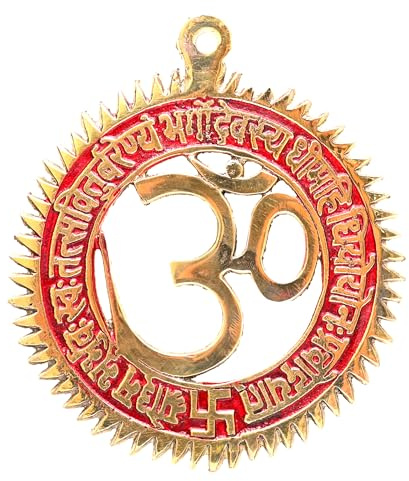 Spirituelle religiöse Skulptur aus Messing, indische antike Statue, Dekoration, verheißungsvoll für Zuhause, Eingang, Tempel, Puja, Dekoration, Festivals, Diwali und Geschenk (Om mit Gayatri-Mantra)