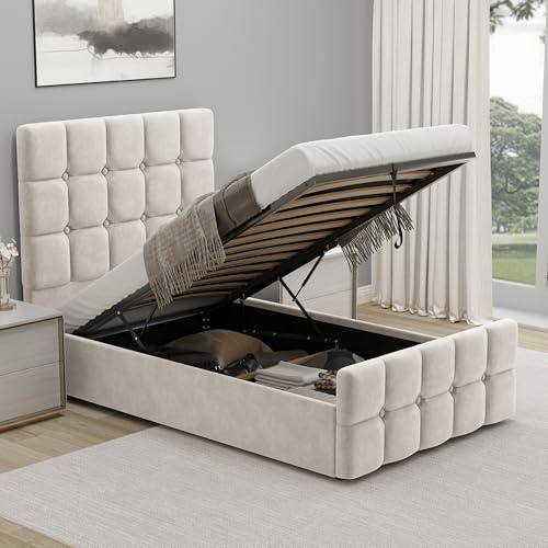 Upholstered Ottoman Bed Single Bed Frame UKFR Velvet Beige Ottoman Storage Bed with Gas Lift End Opening Wooden Slats with Storage Bed (3ft Single 90 x 190, No Mattress)