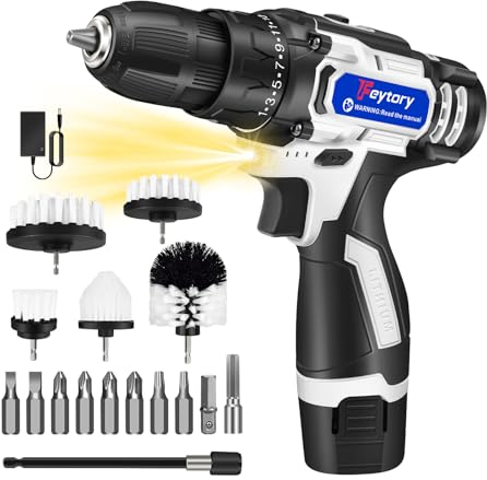 Cordless Power Drill Brush Set,2 in 1 Electric Screwdriver with 5pcs Power Scrubber Brush,45 Nm, 25+1 Torque,1.5AH Battery,LED Light,10PCS Drill Bits,Drill Driver Kit for Home Drilling,Cleaning