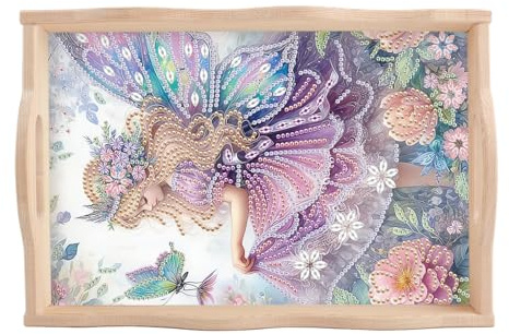 DCIDBEI DIY Diamond Painting Serviertablett 30x20 cm 5D Diamant Painting Frühstückstablett mit Griffen Malen nach Zahlen Diamant Essen Tablett Ideal Schmetterlingsfee für Abendessen Tee Kaffee Bar
