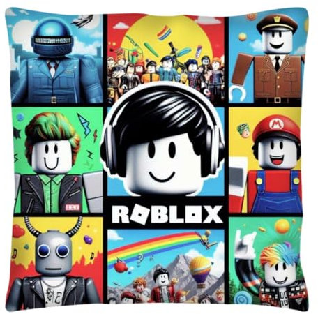 The Beach Stop Ro-blox Kissenbezug mit lustigem Videospiel-Charakter, Pop-Art-Heimdekoration, Geschenkidee für Männer, Frauen, Jungen, Mädchen, 45 x 45 cm, Ro-blox Collage