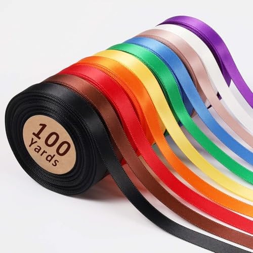 LaRibbons Double Faced Rainbow Satin Ribbon Set, 3/8 x 100 Yards, 10 Rolls