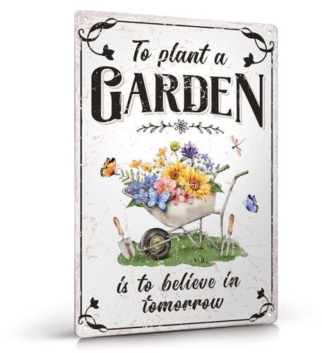 Moanlor Art Decorazione da giardino, cartello vintage in latta per esterni per piantare un giardino è credere in domani, cartello per casa, giardino, serra, 30,5 x 20,3 cm