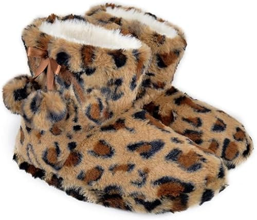 A2Z Ladies Slipper Bootie Leopard Patteren Faux Fur Novelty Warm Winter Soft Comfy Boot Girls Teens Fuzzy Walking Anti Slip Lounge Boots Soft Soles Womens Knitted Cosy Ankle Shoes