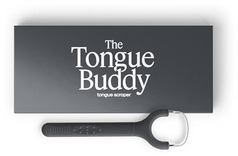 TheTongueBuddy™ Ergonomic Tongue Scraper - Hygienic Tongue Cleaner for Oral Hygiene & Fresh Breath Solution - Medical-Grade Stainless Steel Tongue Scrapers for Adults (Black)