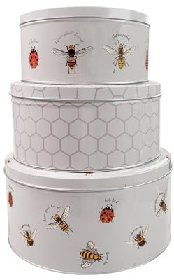 Home-Kitchen-Pets Set of 3 Round Nesting Airtight Cake Storage Tins with Lids – Large, Medium, and Small Food Containers for Biscuits, Sweets, and Bakery Items – Bee and Ladybug Print Design