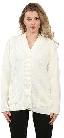 STAR FASHION Women's Cable Knitted Cardigan Sweater V Neck Long Sleeve Ladies 5 Buttons 2 Cable Knit Pockets Cardigan Warm Sweater Cream-3XL