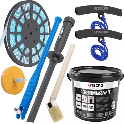 TECPO Reifenmontage-Set, Einziehwerkzeug für Gummiventile, Kunststoff-Schaber 19 mm, Universal Reifenmontagepaste Schwarz 5 kg + Pinsel für Montagepaste, Stahl-Klebegewichte, Folienradierer Ø 90 mm