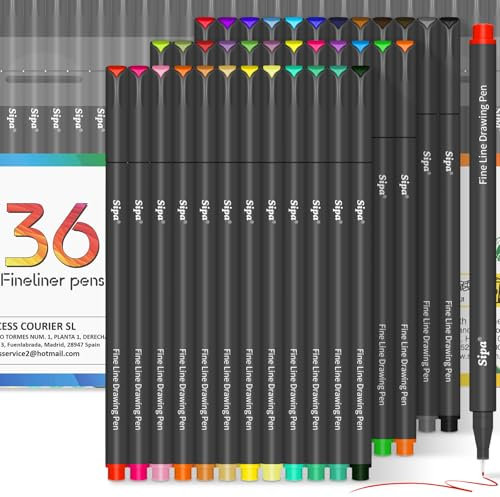 Sipa 36 farbige Fineliner-Stifte für Tagebücher, 0,38 mm feine Spitze, Zeichenplaner, Stifte für Erwachsene, Malbücher, Notizkalender, Sammelalbum, Bullet Journal, Schule, Kunstbedarf für Studenten