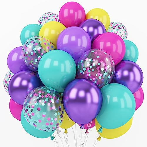 Pink Blue Purple Balloons, 60 Pcs 12 Inch Assorted Color Rainbow Balloon | Hot Pink Purple Blue Yellow Confetti Balloons for Magic Theme Birthday Kids Baby Shower Party Decoration