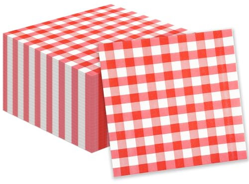 Lot de 40 serviettes en papier vichy à carreaux jetables pour cocktails, barbecues, thé après-midi, restaurant, bar, pique-nique, fête - Rouge - 25 x 25 cm