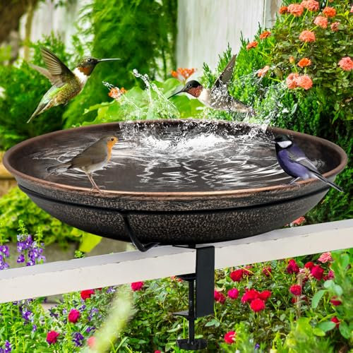OUISJYER Deck Mounted Bird Bath, Easy to Clean12 Detachable Bath Bowl, Metal Birdbath for Outside with Sturdy Adjustable Clamp for Railing Balcony Fence Outdoor Decor 0.7 Gallon