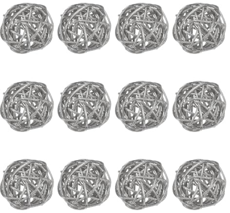 M METERXITY 12-Pack Wicker Rattan Balls 40mm/1.6 Inch Decorative Rattan Balls Orbs Vase Fillers Bowl Fillers for Christmas/Weddings/Thanksgiving/DIY Crafts/Home Decor [Silver]