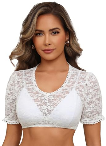 Hotouch Dirndl blus dam vit Dirndlblus spets kortärmad traditionell blus elegant v-ringad traditionell blus transparent spetsblus för Oktoberfest svart 34–46, Vit, 42