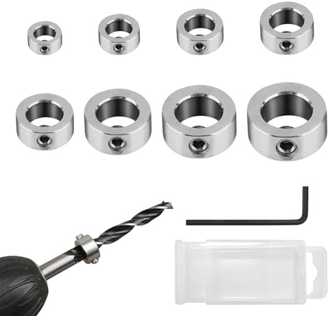 8 Stück Tiefenanschlag für Bohrer, 3/4/5/6/8/10/12/16mm Bohrtiefenbegrenzer mit Sechskantschlüssel, Tiefenanschlagringe Set für Holzbearbeitungsbohrarbeiten