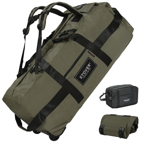 STOVER 45/80/100L Rolling Duffel Bag with Wheels, Large Durable Travel Duffle with Toiletry Bag, Heavy Duty, Packable with Shoulder Straps- Use as Luggage or Backpack, Men Women, Green, 100L, Sporty
