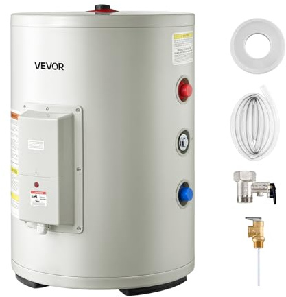 VEVOR 12 Gallon Electric Tank Water Heater, 1600W Point-of-Use Hot Water Heater with LED Display, Knob Control, Side Outlet, 120V Storage Design with T&P Valve for Small Apartments & Studios, Gray