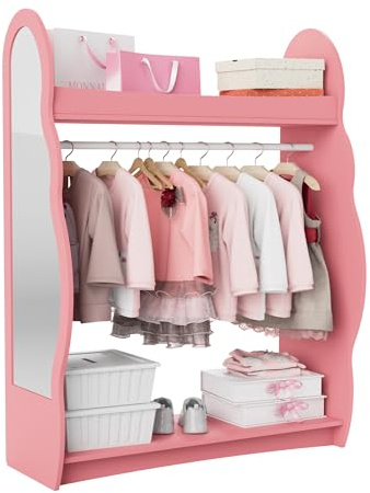 NACHES Kleiderständer Garderobe aus Holz 81 x 28 x 106,5 cm (Wolken, Rosa) | Kinder Garderobenständer mit Ablagen, Spiegel und Haken Kleiderstange