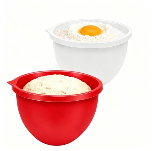 Kkluno Silikon Rührschüssel Set für KitchenAid, 2er Pack Silikoneinsätze mit Deckel, Hitzebeständig bis 232°C, Passend für KitchenAid 5 Qt/4,8L Standmixer, Spülmaschinenfest (Weiß/Rot)