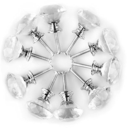 Sourcingmap Diamond Shape Crystal Glass 30mm Kitchen Cabinet Door Drawer Knob Cupboard Dresser Wardrobe Pull Handle with Screws, 10pcs Clear